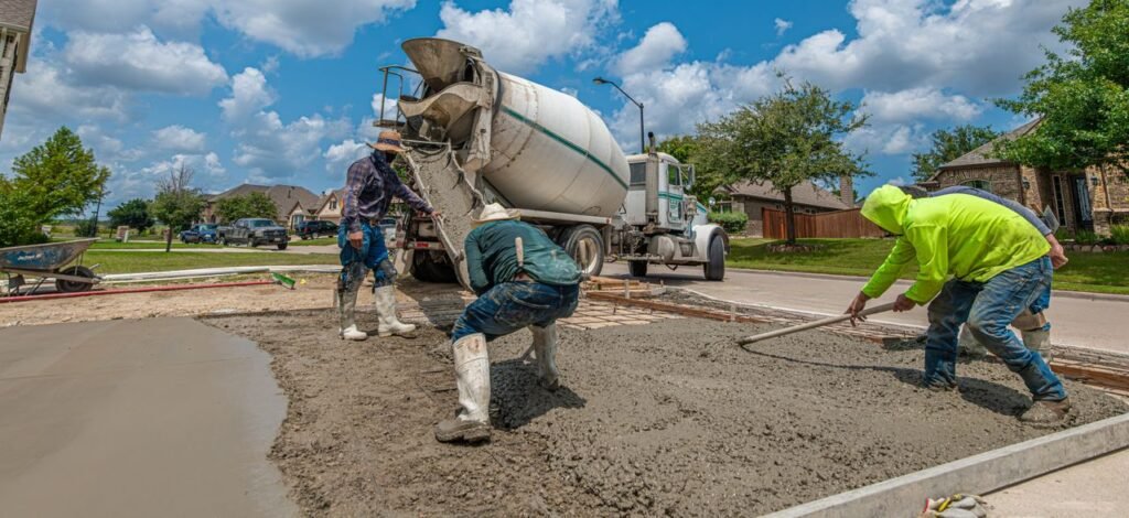Construction workers laying concrete for a driveway in Fort Worth, Texas, under a bright blue sky.